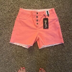 Button-Front Coral Jean Shorts with Frayed Hem